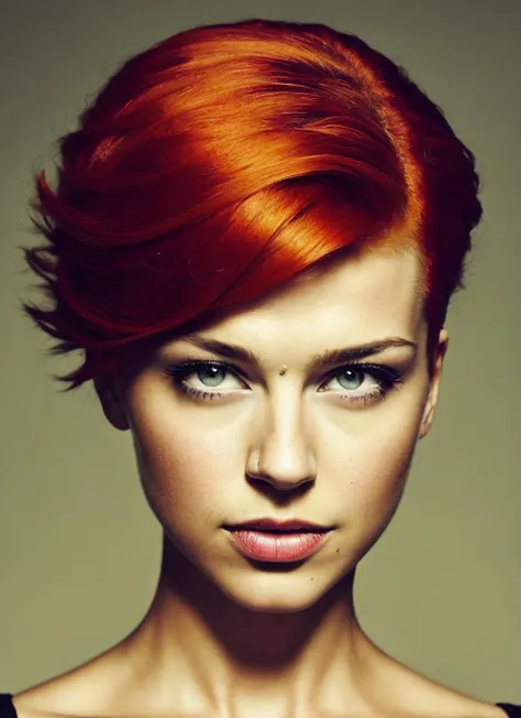 portrait of sks woman by Flora Borsi, style by Flora Borsi, bold, bright colours, orange Mohawk haircut, ((Flora Borsi)), <lora:locon_adriane_v1_from_v1_64_32:1.4>