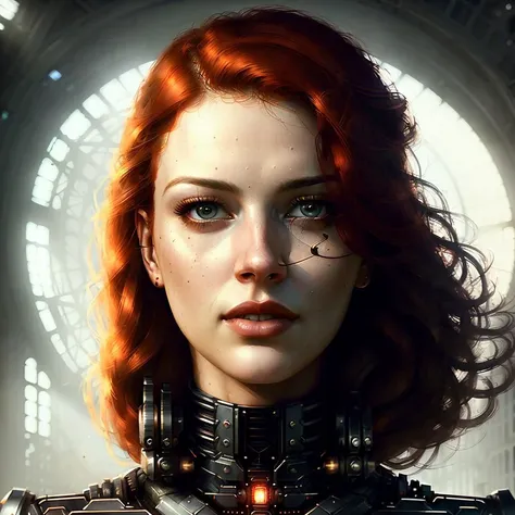 (closeup) portrait of the most beautiful artwork in the world, pale skinned sks woman with red hair, futuristic military pilot overall, [[mechwarrior]], gothic space building interior, <lora:lovecraftstyle-000007:0.7>, by Artgerm and Greg Rutkowski,  <lyco:adriannePalicki_v10:1>