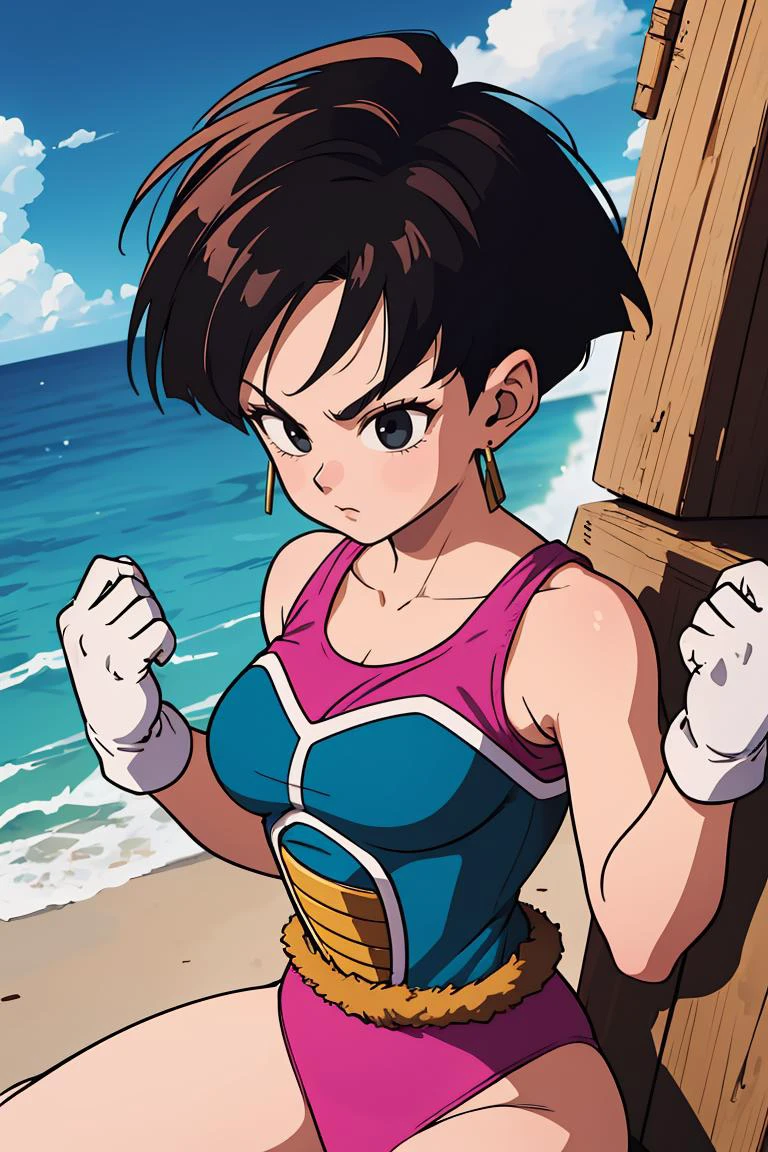 (masterpiece, best quality), 1girl, <lora:DBZ_Fasha_v2:0.8> fasha, 1girl, solo, black eyes, black hair, short hair, spiked hair, earrings, monkey tail,, saiyan armor, pink leotard, white gloves, bare shoulders,