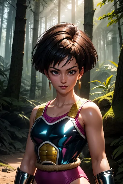 fasha, 1girl, solo, black eyes, black hair, short hair, spiked hair, earrings, monkey tail,
saiyan armor, pink leotard, white gloves, bare shoulders,
smile,closed mouth,cowboy shot,standing,upper body,
forest,outdoor,
(insanely detailed, beautiful detailed face, masterpiece, best quality) cinematic lighting,<lora:DBZ_Fasha_v2:1>,<lora:more_details:0.3>,