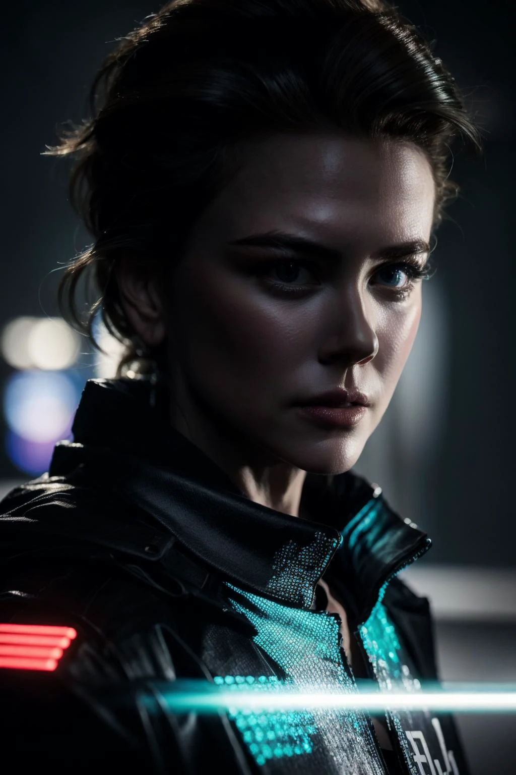 <lora:Nicole_Kidman:1> , sexual, wearing holographic cyberpunk clothing, surrounded by neon-lit cityscape reflections, vray render, ray tracing, subsurface scattering, by Josan Gonzalez and Liang Mark (upper body shot),(looking at viewer:1.3), (hyper realistic:1.3), (portrait:1.2), highly detailed eyes,(highly detailed skin:1.3),(freckles:0.6),pores, (4k),back lit, <lora:LowRA:0.5>