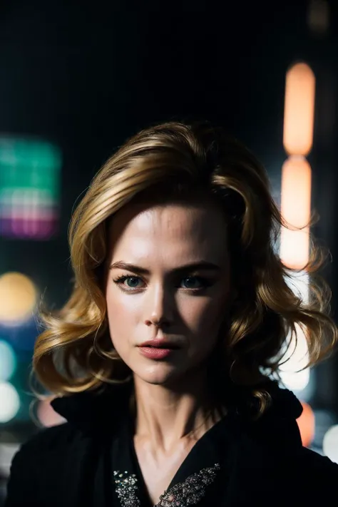 <lora:Nicole_Kidman:1> , sexual, wearing holographic cyberpunk clothing, surrounded by neon-lit cityscape reflections, vray render, ray tracing, subsurface scattering, by Josan Gonzalez and Liang Mark (upper body shot),(looking at viewer:1.3), (hyper realistic:1.3), (portrait:1.2), highly detailed eyes,(highly detailed skin:1.3),(freckles:0.6),pores, (4k),back lit, <lora:LowRA:0.5>