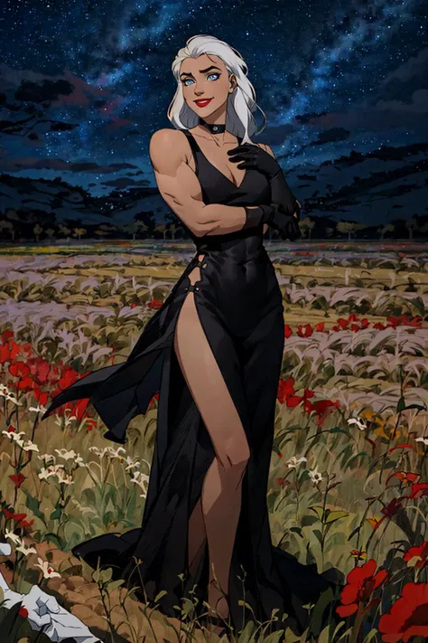 4K,masterpiece,best quality,full body portrait,cartoon,(flat colors:1.4),vibrant colors,((1girl:1.4)),blct,muscular female,(solo focus:1.6),standing,looking to the side,highly detailed gorgeous face,seductive smile,white hair,long hair,blue eyes,highly detailed eyes,(medium breasts:1.2),confident,
ripped,fit,abs,navel,collarbone,black choker,(black dress:1.4),tight dress,(white gloves:1.4),elbow gloves,makeup,
(field:1.4),on grass,starry background,night sky,<lora:western_animation_style:1.4>,<lyco:blct:0.5>,<lora:Cutouts-V1:1>,<lora:muscle_mommy>,