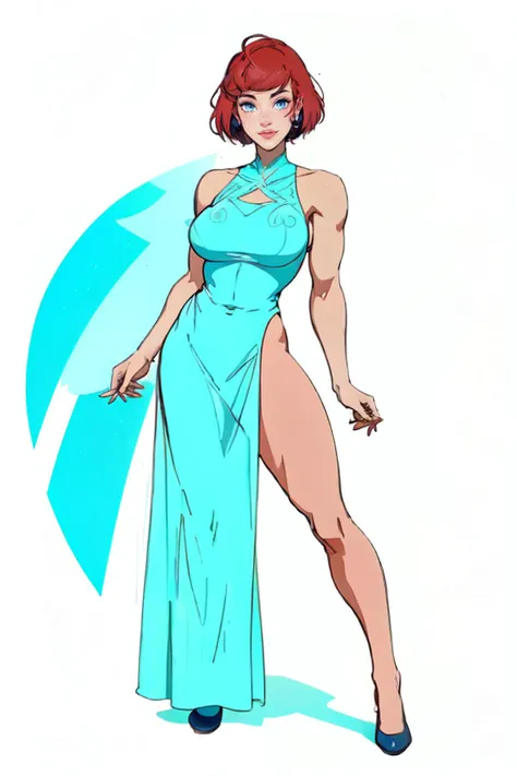 4K,masterpiece,best quality,full body portrait,cartoon,Disney Style,vibrant colors,flat colors,1girl,muscular female,fit,highly detailed gorgeous face,tall,(large breasts:1.2),red hair,pixie cut,abs,seductive smile,highly detailed eyes,freckles,confident,
long dress,sleeveless dress,hip vent,
solid background,simple background,white background,<lora:wsma1985>,<lyco:fitgirl_4> fit,<lora:Cutouts-V1:1>,