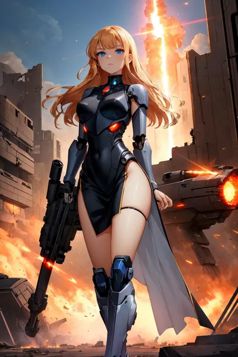 cutout dress, <lora:Cutouts-V1:1>, masterpiece, best quality, mecha, no humans, black armor, blue eyes, science fiction, fire, laser canon beam, war, conflict, destroyed city background