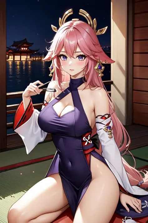 <lora:Cutouts-V1:1> (cutout dress), purple_dress, Highly detailed, High Quality, masterpiece, <lora:yaemiko1:0.9> yaemikodef