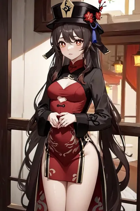 <lora:Cutouts-V1:1> (cutout dress), night, red_dress, Highly detailed, High Quality, masterpiece, <lora:hutao1:0.9> hutaodef, ((small_breasts)),
