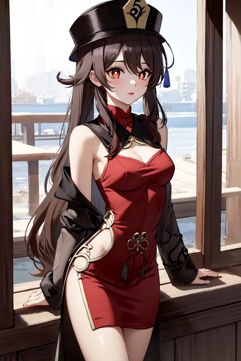 <lora:Cutouts-V1:1> (cutout dress), red_dress, Highly detailed, High Quality, masterpiece, <lora:hutao1:0.9> hutaodef, ((small_breasts)),