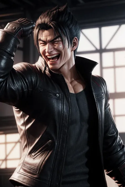 masterpiece, best quality, male focus, jin kazama, (laughing:1.2), tehepero, <lora:jin_kazama-000018:0.3>  <lora:teehee-10n:1.3>