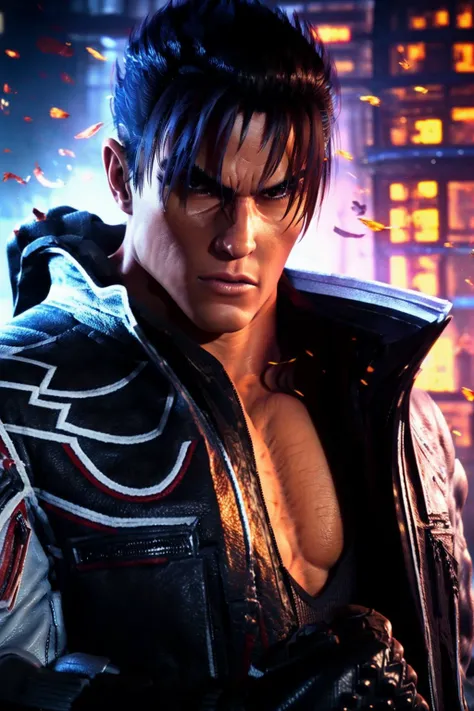 masterpiece, best quality, male focus, jin kazama, jacket, fingerless gloves, looking at viewer, <lora:jin_kazama-000018:0.8> <lora:blade-runner:0.6>