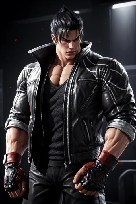 masterpiece, best quality, male focus, jin kazama, jacket, zipper, fighting stance, fingerless gloves, shirt, <lora:jin_kazama-000018:0.5> <lora:Muscle:1>