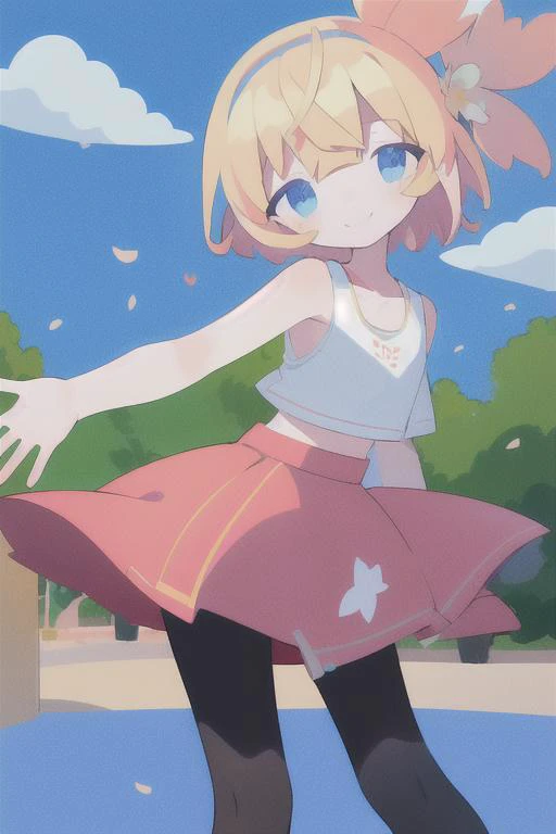 <lora:DaizuV1:1>, daizu, (best quality, masterpiece), 1girl, pose, particle, wind, flower, looking at viewer, focus on face, smile, blonde, blue_eyes, smile, blush. outdoors, park, standing, sports_bra, short_shorts, pantyhose,