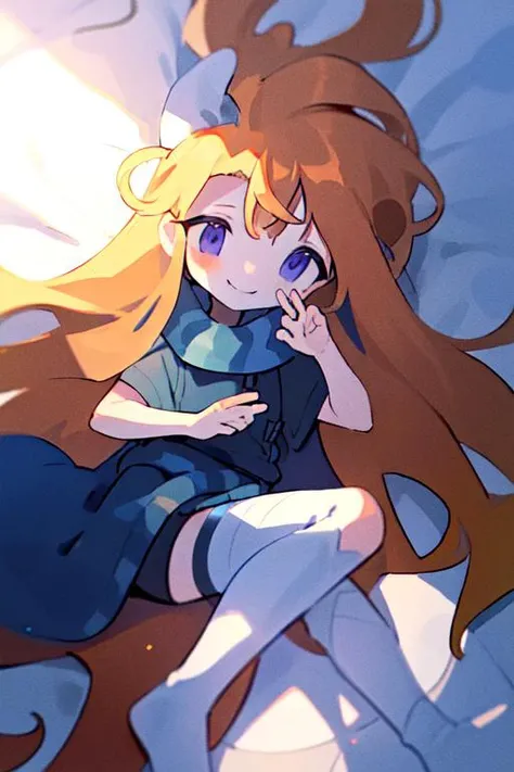 daizu, striped_thighhighs, (best quality, masterpiece), 1girl, pose, particle, looking at viewer, focus on face, smile, blonde, blue_eyes, smile, blush, bedroom, indoors, bed, lying, dress, frills,
 (disheveled hair),[orange hair:purple buttom hair:0.8],forehead,zoe,long hair,multicolored hair,blue and purple  eyes,