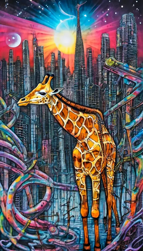 Graffiti art of "A lone giraffe, its neck a l0ng tangle of p1p3 and wires, nibbling on the high branches of biomechanical trees, all set against the backdrop of a surreal, star-lit (3t3rn1ty) skyline.", by g1g3r <lora:g1g3r:1>. Urban, colorful, spray paint, stencil, bold lines, hip-hop culture, wall murals, street culture.