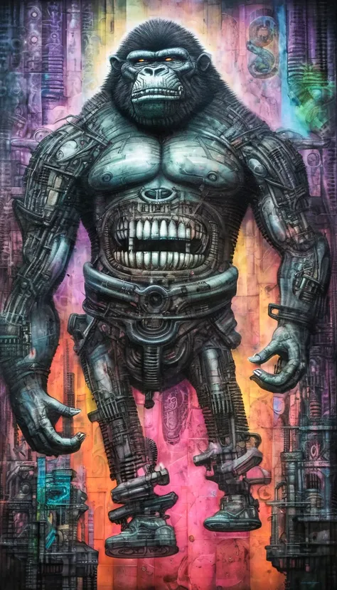 Graffiti art of "A towering graffiti of a mechanical (m4ch1ne) gorilla with intricate b0n3-like details, its fists pounding a set of glowing drums (t4bl3), painted on a worn-out brick wall surrounded by an abandoned urban landscape, under the harsh glow of a city night.",  by g1g3r <lora:g1g3r:1>. Urban, colorful, spray paint, stencil, bold lines, hip-hop culture, wall murals, street culture.