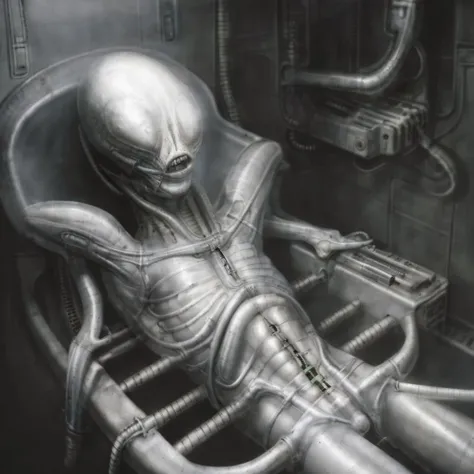 <lora:g1g3r:1>g1g3r t0ur1st man in alien bondage without a face stuck in chamber