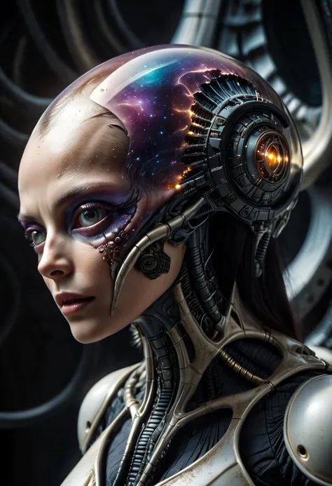 between spherical dimensions, a nice female alien astronaut hovering in outer space, (looks astonished:0.6), (eyes wide open:0.8),  fractal explosions, (full shot body photo:1.5), g1g3r, f4c3s, t0ur1st , (hr giger style:0.8), RAW photo, photorealistic, dramatic, dramatic lighting, vibrant colors, centered, sharp focus, film grain, f4