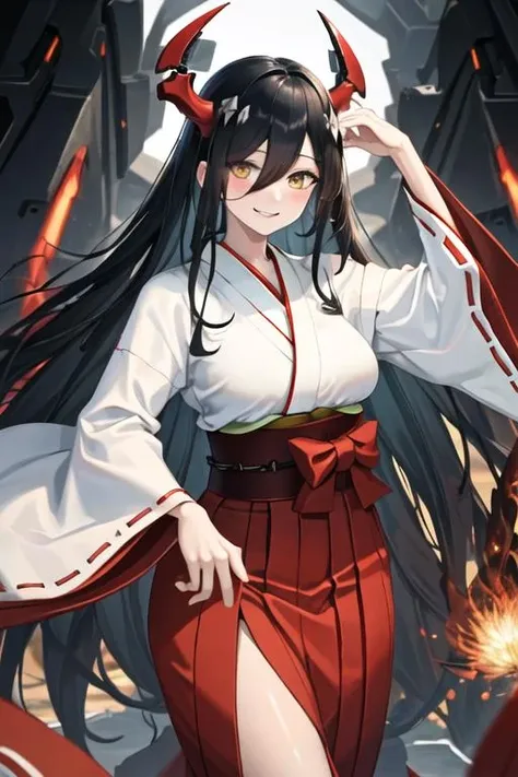 best quality, masterpiece, highres, solo, {white kimono:1.35}, {red hakama:1.35}, {wide sleeves:1.20}, {friedrich_der_grosse_azurlane:1.15}, black_hair, long_hair, horns, yellow_eyes, red_horns, hair_over_one_eye, breasts, mechanical_horns, large_breasts, very_long_hair, smile, blush