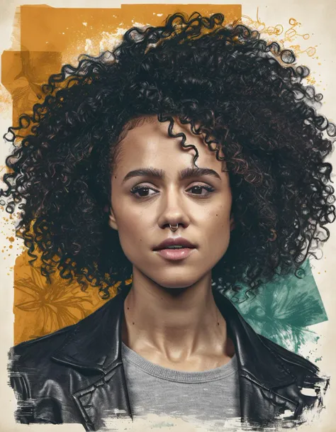 <lora:Nathalie Emmanuel:1.0>,  collage style illustration of  nthlemmnlmssdr woman, slight smile, mixed media, layered, textural, detailed, artistic