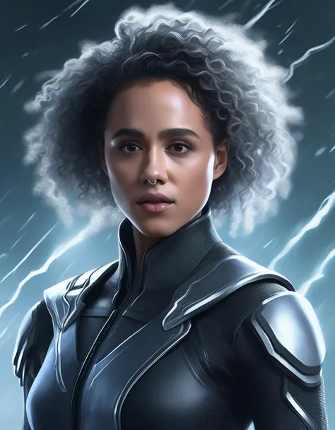 <lora:Nathalie Emmanuel:1.0>, waist up  of  nthlemmnlmssdr woman, as Storm from the X-Men, sci-fi, highly detailed, ((digital painting)), ((artstation, concept art)), sharp focus,( illustration), art by Tony Sart and artgerm and randy vargas