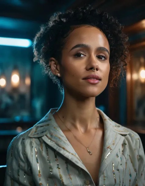 ,<lora:Nathalie Emmanuel:1.0>, detailed portrait of a young and beautiful nthlemmnlmssdr woman, seated in a speakeasy, shot with cinematic camera