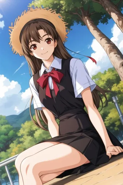 1girl, solo, long hair, smile, skirt, brown hair, red eyes, hat, dress, ribbon, sitting, sky, day, tree, dutch angle, straw hat, pia_carrot3
<lora:pia3:1>