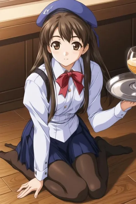 1girl, solo, long hair, skirt, black hair, hat, ribbon, brown eyes, hair ribbon, pantyhose, cup, kneeling, beret, tray, wooden floor, glass, waitress, spill
 <lora:pia3:1>