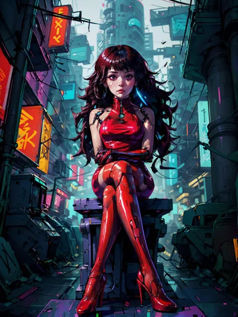 cyberpunk cityscape, (sfw:1.3), futuristic, solo, 1girl, reelmech Girlfriend with mechanical arms, android-seams, red dress, red high heels BREAK, black pantyhose BREAK, lewd face, kinky laughter, face away, look down, thick thighs, crossed legs, sitting in the park, outdoor, hightech park in cyberpunk style city, (neon sign:1.3), (neon light:1.3), (night time:1.3), from below angle, <lora:robot-seams:0.8>,
<lora:more_details:0.4>, <lora:FNFGirlfriend:1>, <lora:reelmech1v2:0.8>, <lora:DDC_v2:0.8> , neon lights, dark alleys, skyscrapers, futuristic, vibrant colors, high contrast, highly detailed