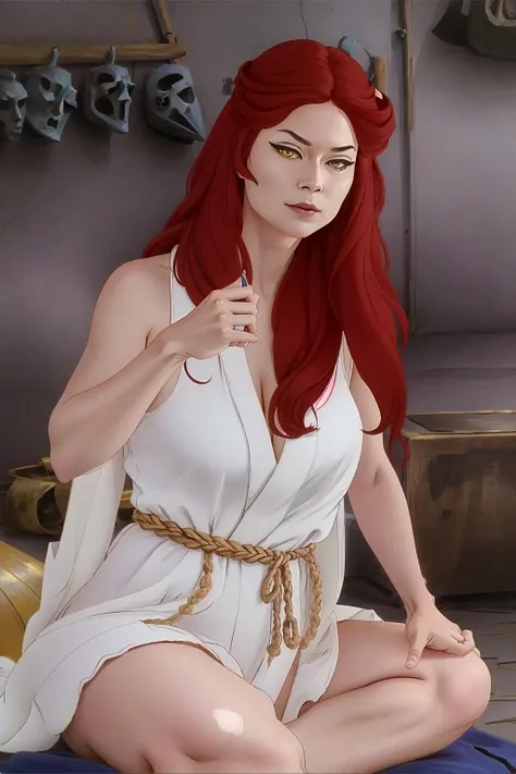 <lora:Fire_and_Ice_Roleil-30:0.6> roleil, red hair, white dress, yellow eyes, sitting, yokozuwari, dynamic pose, looking at viewer, high contrast, sharp focus, masterpiece, best quality, highly detailed, HDR, highest quality, highres, sharp focus, 8k, 16k, skin pores, dynamic lights, realistic shadows, best shading, award winning masterpiece