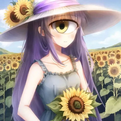 <lora:cyclops_retro_ham_avas_jun_rifl-08-02--rifl-09-01:1>,
cyclop,
1girl, bare arms, blue ribbon, bouquet, bow, collarbone, dress, flower, grey dress, hat, hat bow, holding, holding bouquet, long dress, long hair, looking at viewer, purple bow, purple hair, ribbon, sleeveless, sleeveless dress, solo, standing, straight hair, straw hat, sun hat, sundress, sunflower, very long hair, yellow eyes, yellow flower, yellow headwear