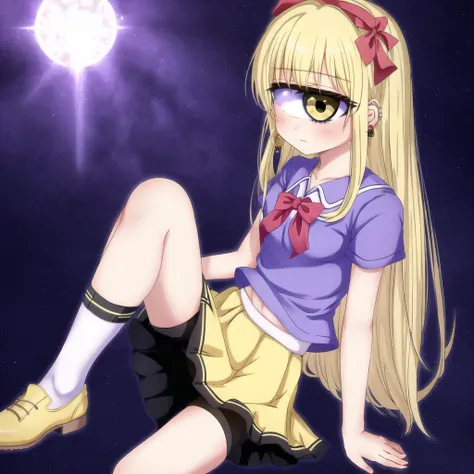<lora:cyclops_retro_ham_avas_jun_rifl-08-02--rifl-09-01:1>,
cyclop,
1girl, bike shorts, blonde hair, earrings, jewelry, long hair, magical girl, ribbon, shorts under skirt, skirt, solo, yellow eyes