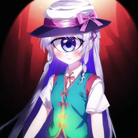 <lora:cyclops_retro_ham_avas_jun_rifl-08-02--rifl-09-01:1>,
cyclop,
1girl, alternate color, backlighting, blue eyes, braid, chinese clothes, glowing, glowing eyes, hair ribbon, hat, long hair, looking at viewer, ribbon, shirt, short sleeves, silver hair, skirt, solo, star, twin braids, very long hair, vest, violet eyes
