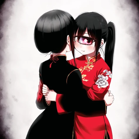 <lora:cyclops_retro_ham_avas_jun_rifl-08-02--rifl-09-01:1>,
cyclop,
1girl, black hair, china dress, chinese clothes, couple, dark persona, dual persona, hand holding, highres, holding, holding hands, hug, hug from behind, parody, ponytail, silver hair