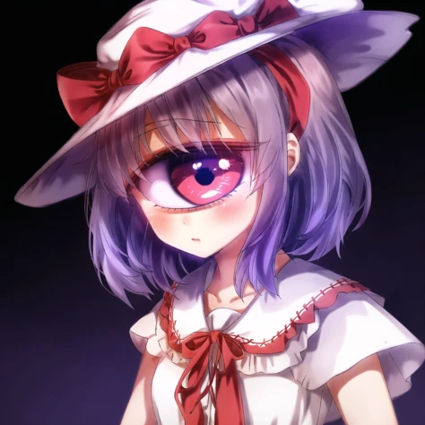 <lora:cyclops_retro_ham_avas_jun_rifl-08-02:1>,
cyclop,
1girl, bow, dress, female focus, frills, hat, lightning, purple hair, red eyes, ribbon, shawl, short hair, solo