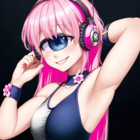 <lora:cyclops_retro_ham_avas_jun_rifl-08-02--rifl-09-01:1>,
cyclop,
armband, armpits, blue eyes, bust, flower, headphones, long hair, pink hair, smile, hand