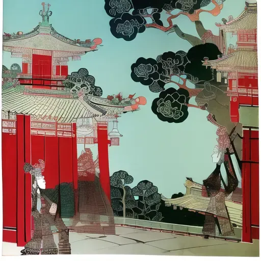 piying, architecture, flat color, bridge, building, castle, chimney, city, cityscape, east_asian_architecture, fence, gate, house, long_hair, multiple_girls, pagoda, scenery, stairs, tower, town<lora:piying-000010:1>