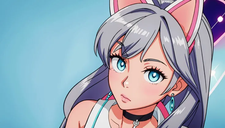 Pokemon Gotcha Style, LumiN0va, 1girl, solo, animal ears, jewelry, long hair, blue eyes, cat ears, gray hair, silver hair, earrings, bell, looking at viewer, simple background, pink background, upper body, choker, jingle bell, necklace, fake animal ears, lips, bangs, bare shoulders