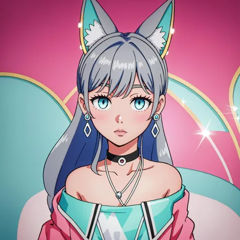 Pokemon Gotcha Style, LumiN0va, 1girl, solo, animal ears, jewelry, long hair, blue eyes, cat ears, gray hair, silver hair, earrings, bell, looking at viewer, simple background, pink background, upper body, choker, jingle bell, necklace, fake animal ears, lips, bangs, bare shoulders