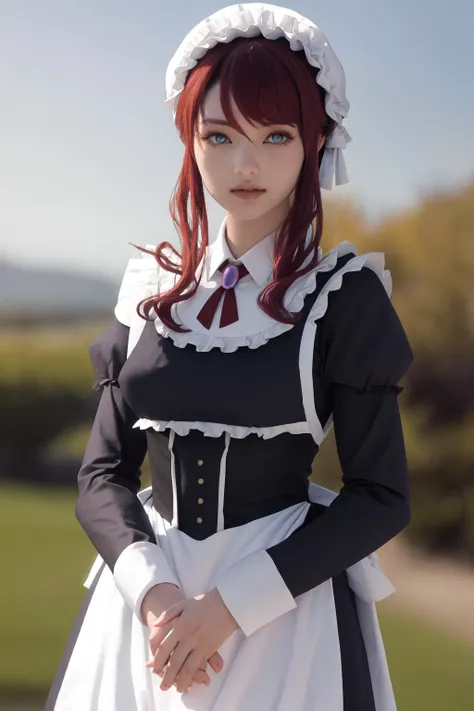 masterpiece, best quality, highres, 1girl ilia coral, mob cap maid apron dress frills long sleeves <lora:ilia_coral:1> standing, (photorealistic:1.2)