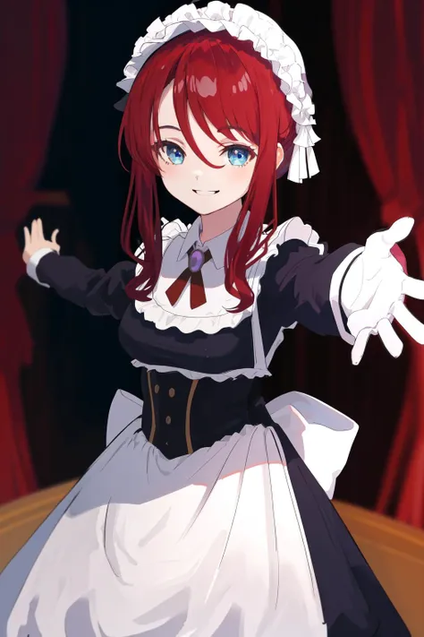 masterpiece, best quality, highres, 1girl ilia coral, mob cap maid apron dress frills long sleeves <lora:ilia_coral:1> outstretched arms, smile
