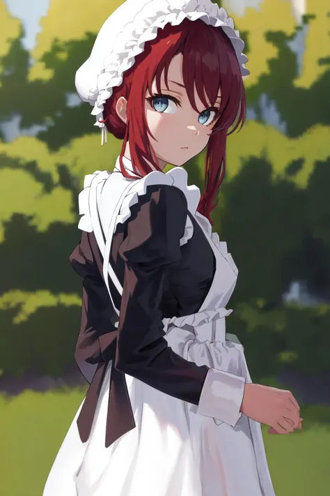 masterpiece, best quality, highres, 1girl ilia coral, mob cap maid apron dress frills long sleeves <lora:ilia_coral:1> from side, looking at viewer
