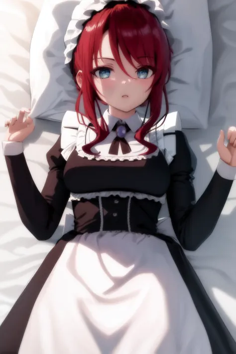 masterpiece, best quality, highres, 1girl ilia coral, mob cap maid apron dress frills long sleeves <lora:ilia_coral:1> lying on back, bed sheet, arms up