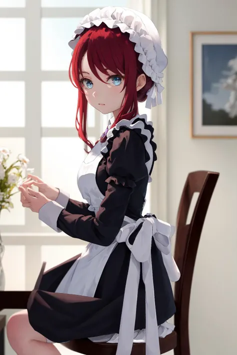 masterpiece, best quality, highres, 1girl ilia coral, mob cap maid apron dress frills long sleeves <lora:ilia_coral:1> sitting on chair, from side