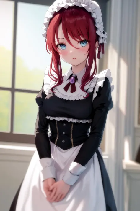 masterpiece, best quality, highres, 1girl ilia coral, mob cap maid apron dress frills long sleeves <lora:ilia_coral:1>