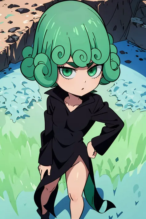 <lora:TatsumakiiiV2.2:0.9> (chibimode), (green hair, green eyes, curly hair), (black dress, long sleeves), standing, legs apart, outdoors, blue sky, looking at viewer, hand on hip, (wide shot:1.2), from above