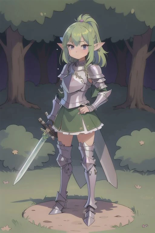 1girl, elf, pointy ears, standing, forest, blush, purple eyes, green hair, full shot, full body, (plated armor:1.3), (sword:1.1), leather gloves, skirt, looking at viewer, perfect hands, (grass:0.5)