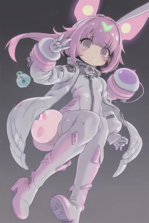 cyberpunk, holland lop bunny kemonomimi, astronaut, girl, pink hair, round eyes, tight suit, full body, two bunny ears, clear latex, large chunky space boots, long hair strands in front, goggles on head, grey suit, extra-large bust, lavender eyes, short hair in back, thigh high boots, asymmetrical catsuit, kind face, large transparent suit patches. super-cropped jacket, zipped up jacket, fine-tune, chunky boots, moon boots, Blame!, Knights of sidonia, gantz, body harness, silver hair streaks, lime green details