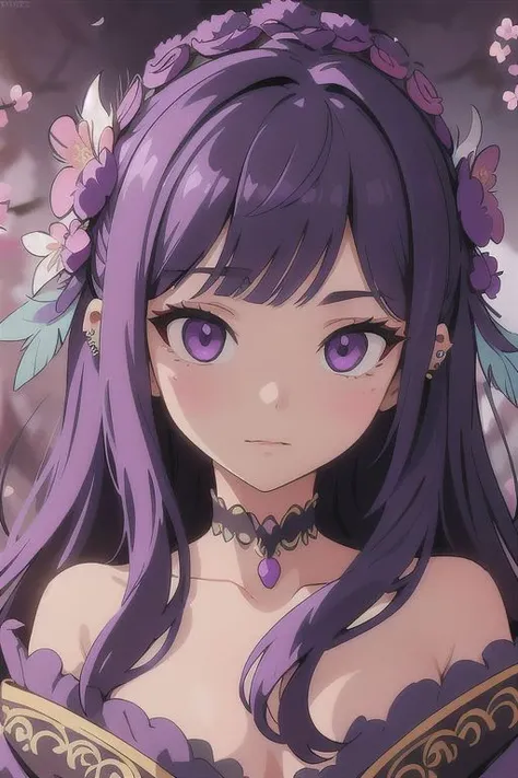 A mesmerizing digital portrait of a charismatic woman with piercing violet eyes, adorned in an ornate headdress, surrounded by vibrant blossoms and delicate feathers,