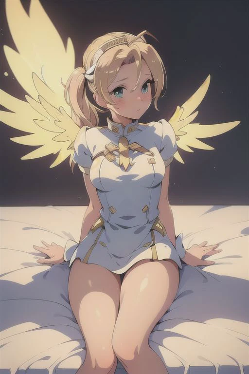 (masterpiece, best quality, beautiful, 4k, clear), glamour cute style, blonde, thighs, mercy, angel