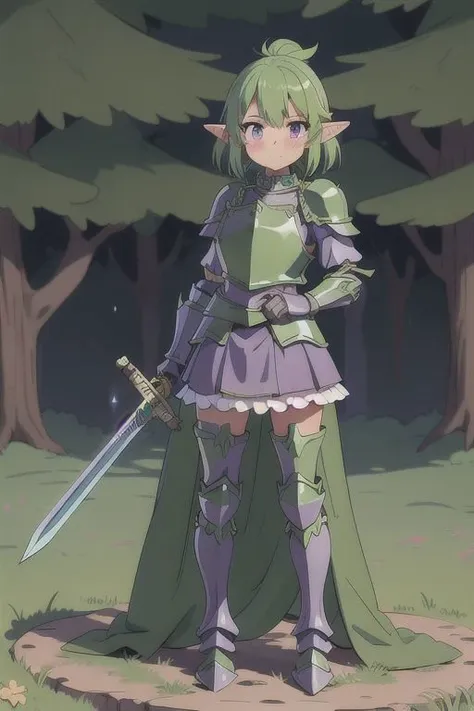 1girl, elf, pointy ears, standing, forest, blush, purple eyes, green hair, full shot, full body, (plated armor:1.3), (sword:1.1), leather gloves, skirt, looking at viewer, perfect hands, (grass:0.5)